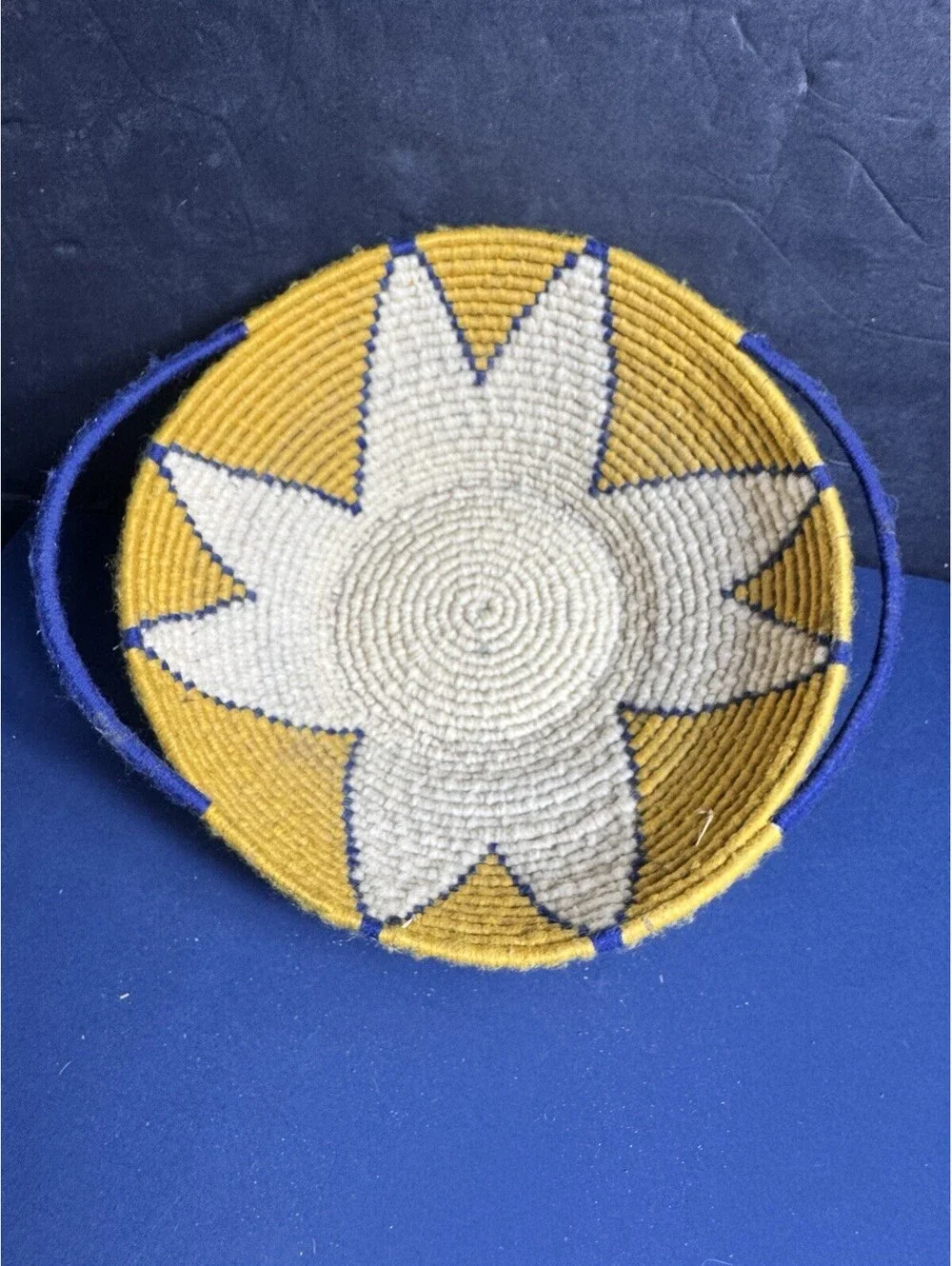Handwoven African Wool Basket Blue Yellow White Starburst Design 9” Coiled Bowl